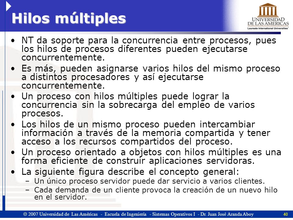Hilos múltiples NT da soporte para la concurrencia entre procesos, pues los hilos de procesos diferentes pueden ejecutarse concurrentemente.