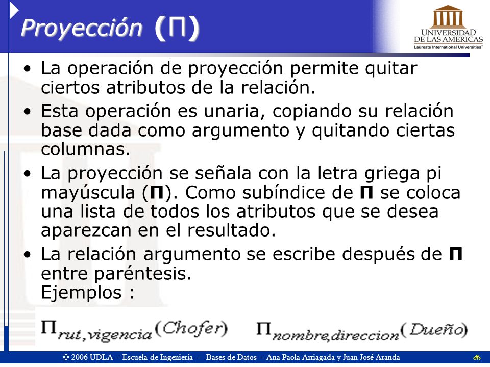 Proyección (Π) La operación de proyección permite quitar ciertos atributos de la relación.