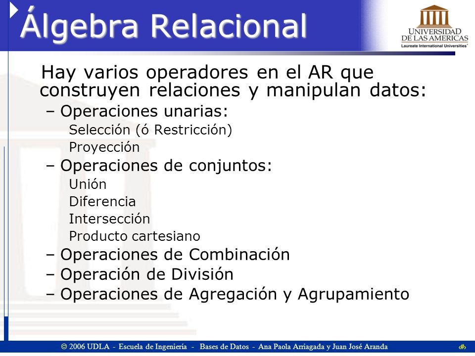 Álgebra Relacional Hay varios operadores en el AR que construyen relaciones y manipulan datos: Operaciones unarias:
