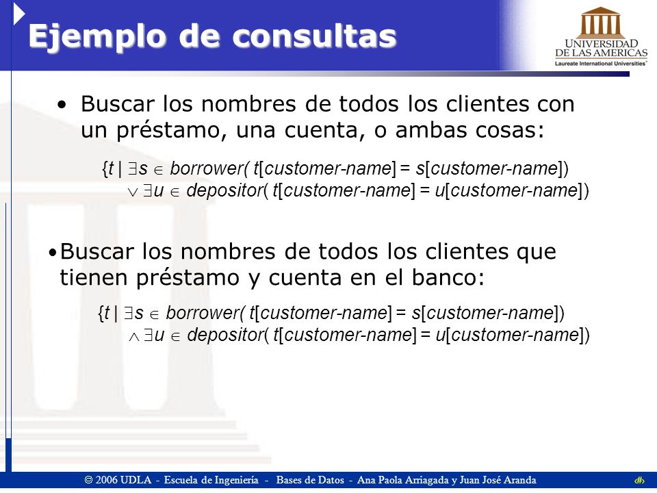 Ejemplo de consultas Buscar los nombres de todos los clientes con un préstamo, una cuenta, o ambas cosas: