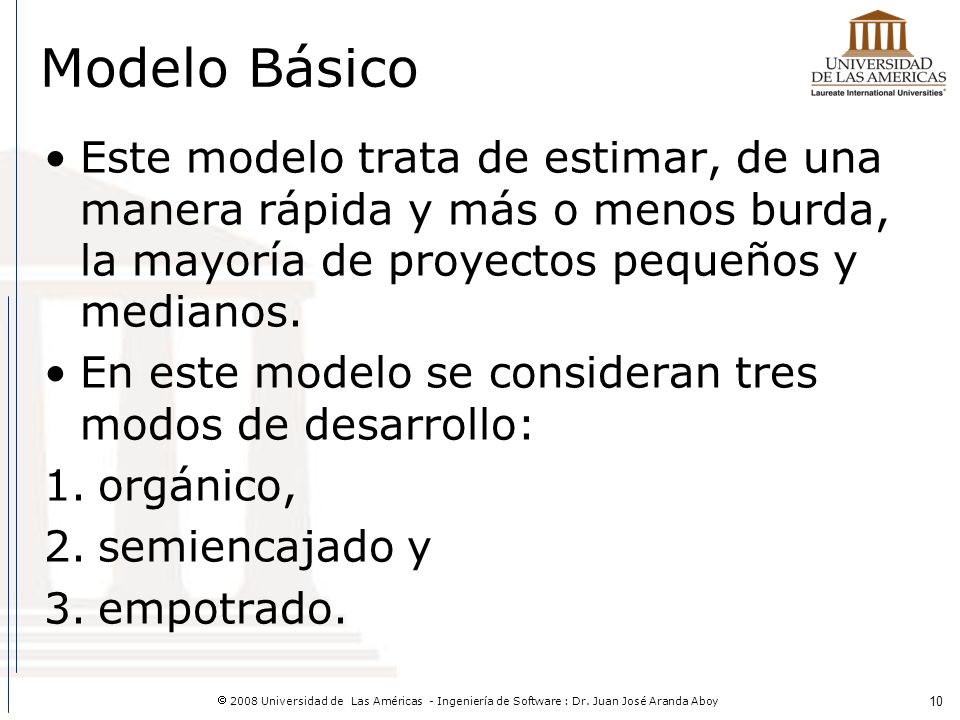 Modelo Básico Este modelo trata de estimar, de una manera rápida y más o menos burda, la mayoría de proyectos pequeños y medianos.