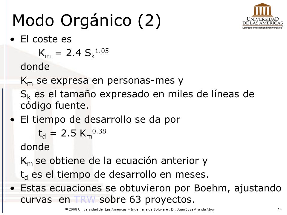 Modo Orgánico (2) El coste es Km = 2.4 Sk1.05 donde