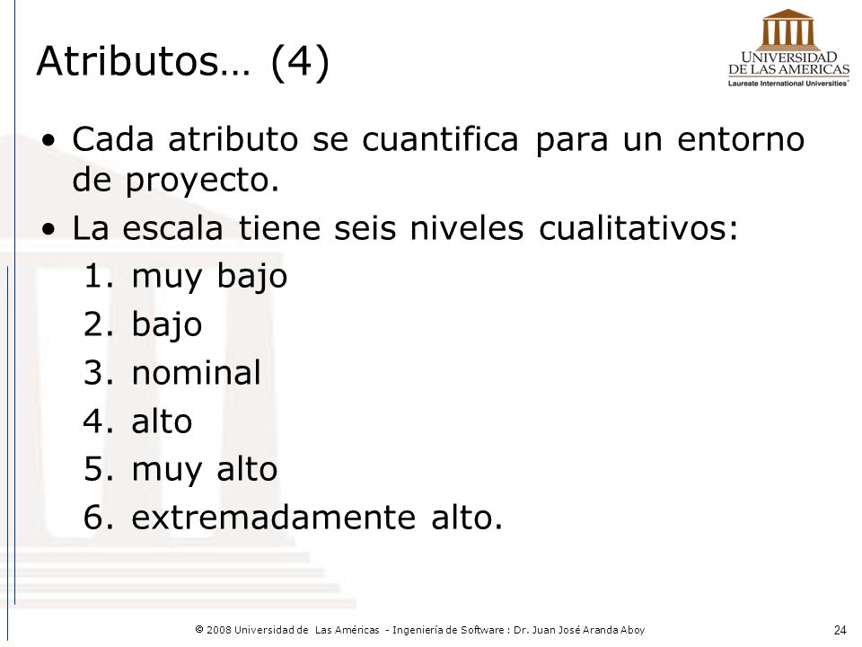 Atributos… (4) Cada atributo se cuantifica para un entorno de proyecto. La escala tiene seis niveles cualitativos: