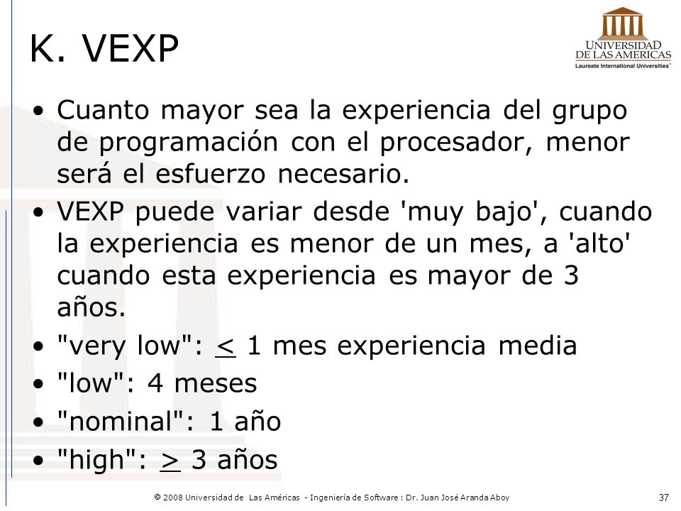 K. VEXP Cuanto mayor sea la experiencia del grupo de programación con el procesador, menor será el esfuerzo necesario.