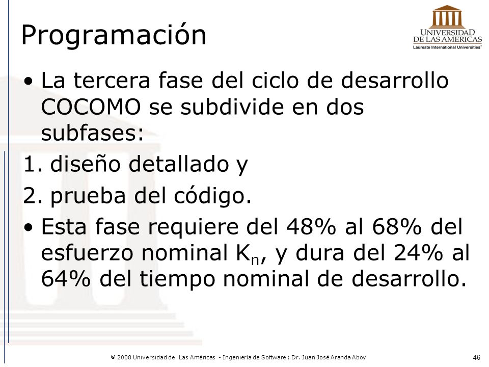 Programación La tercera fase del ciclo de desarrollo COCOMO se subdivide en dos subfases: diseño detallado y.