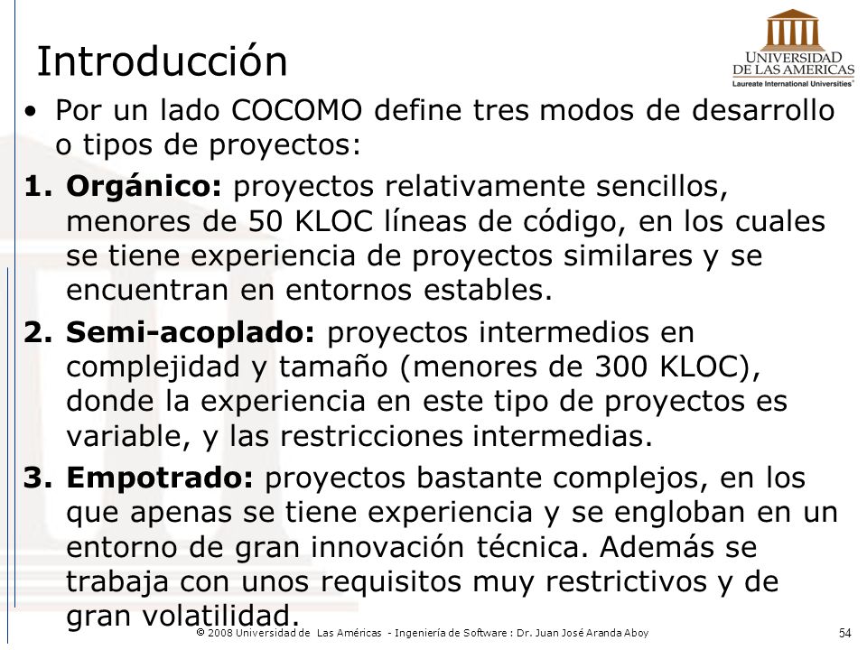 Introducción Por un lado COCOMO define tres modos de desarrollo o tipos de proyectos: