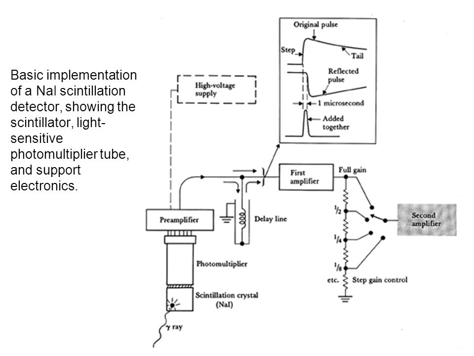 Basic implementation of a NaI scintillation detector, showing the scintillator, light-sensitive photomultiplier tube, and support electronics.