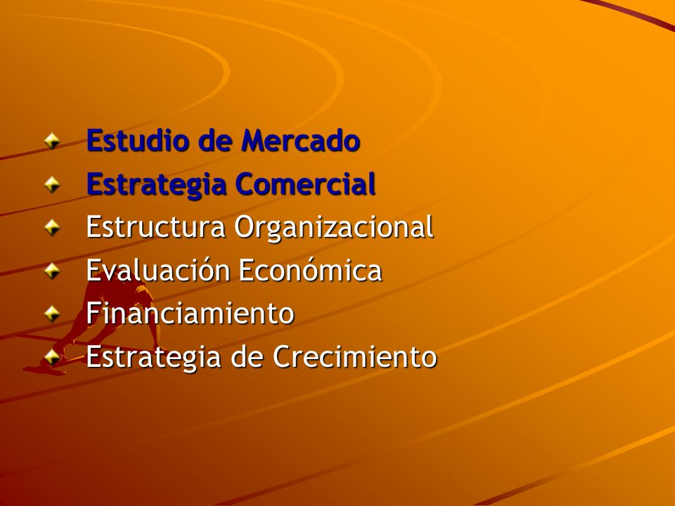 Estudio de Mercado Estrategia Comercial. Estructura Organizacional. Evaluación Económica. Financiamiento.