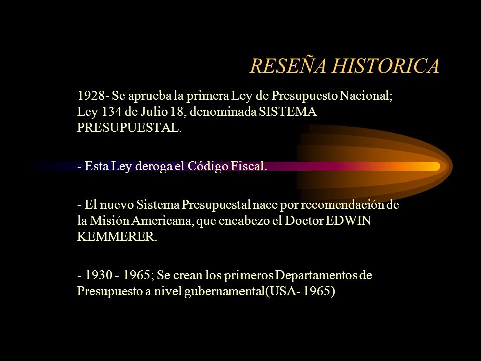 RESEÑA HISTORICA Se aprueba la primera Ley de Presupuesto Nacional; Ley 134 de Julio 18, denominada SISTEMA PRESUPUESTAL.