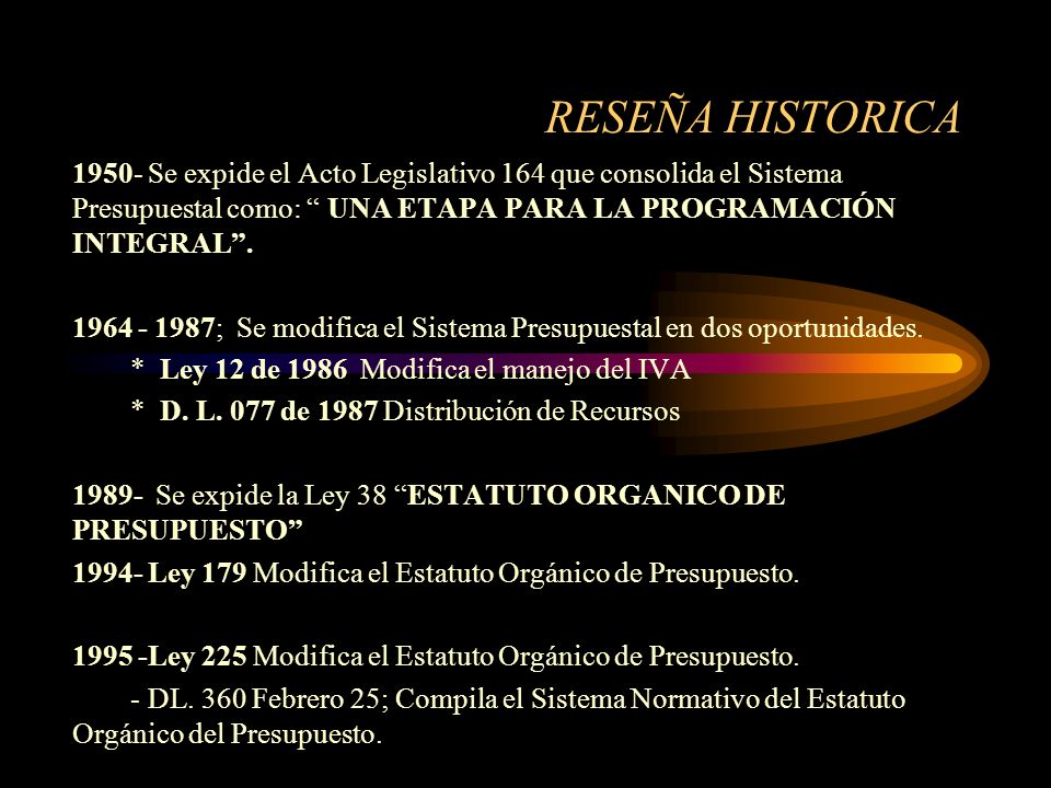 RESEÑA HISTORICA Se expide el Acto Legislativo 164 que consolida el Sistema Presupuestal como: UNA ETAPA PARA LA PROGRAMACIÓN INTEGRAL .