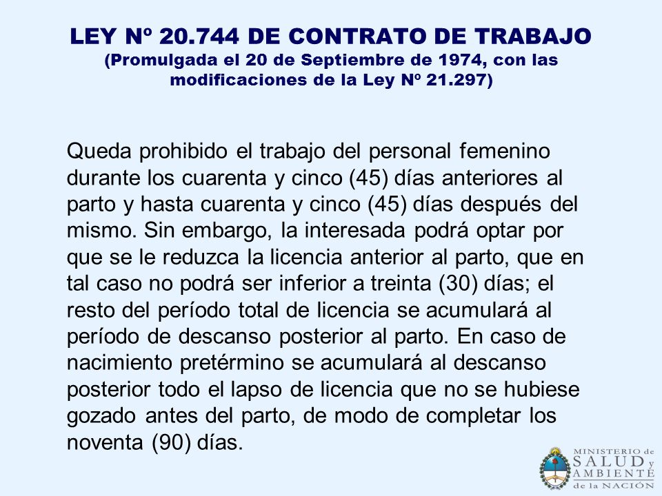 LEY Nº DE CONTRATO DE TRABAJO (Promulgada el 20 de Septiembre de 1974, con las modificaciones de la Ley Nº )