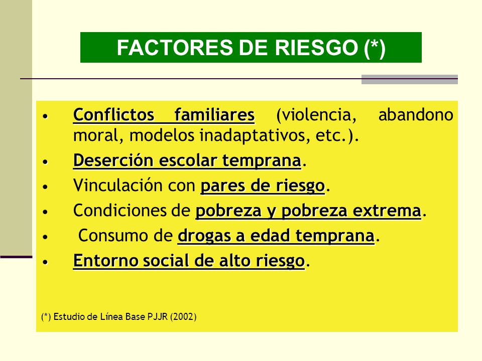 FACTORES DE RIESGO (*) Conflictos familiares (violencia, abandono moral, modelos inadaptativos, etc.).