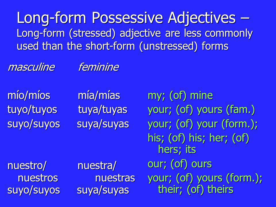 Long-form Possessive Adjectives – Long-form (stressed) adjective are less commonly used than the short-form (unstressed) forms