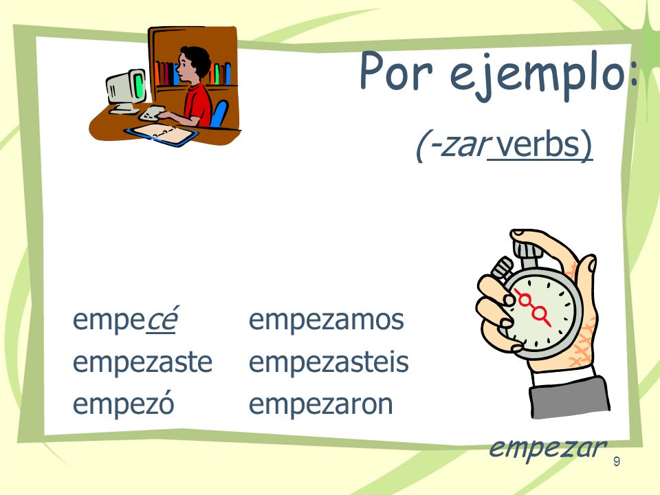 Por ejemplo: (-zar verbs) empezar empecé empezaste empezó empezamos