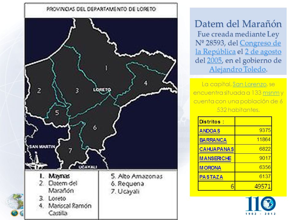 Datem del Marañón Fue creada mediante Ley Nº 28593, del Congreso de la República el 2 de agosto del 2005, en el gobierno de Alejandro Toledo.