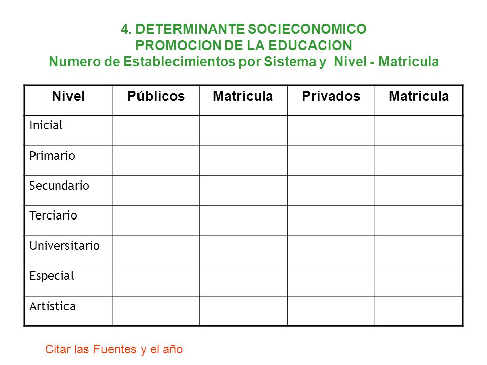 4. DETERMINANTE SOCIECONOMICO PROMOCION DE LA EDUCACION Numero de Establecimientos por Sistema y Nivel - Matricula