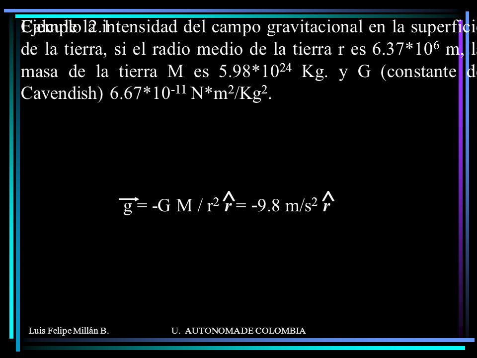 Calcule la intensidad del campo gravitacional en la superficie de la tierra, si el radio medio de la tierra r es 6.37*106 m, la masa de la tierra M es 5.98*1024 Kg. y G (constante de Cavendish) 6.67*10-11 N*m2/Kg2.