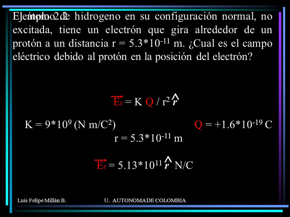 K = 9*109 (N m/C2) Q = +1.6*10-19 C r = 5.3*10-11 m