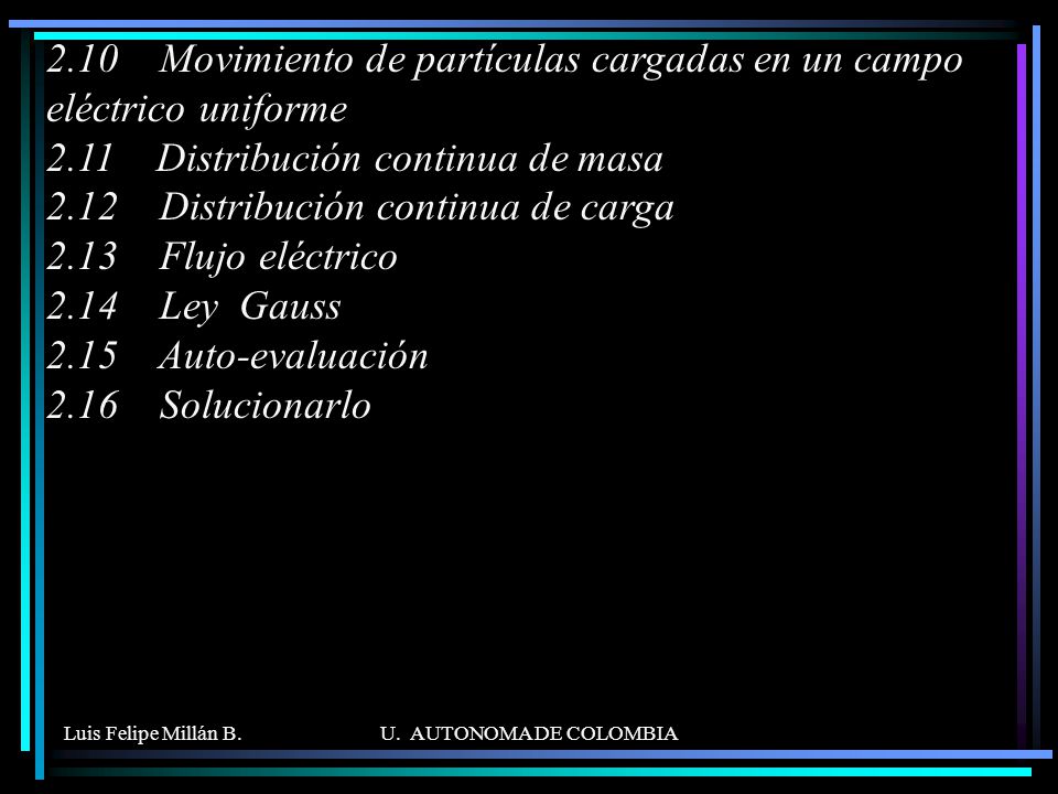 2.10 Movimiento de partículas cargadas en un campo eléctrico uniforme 2.11 Distribución continua de masa 2.12 Distribución continua de carga 2.13 Flujo eléctrico 2.14 Ley Gauss 2.15 Auto-evaluación 2.16 Solucionarlo