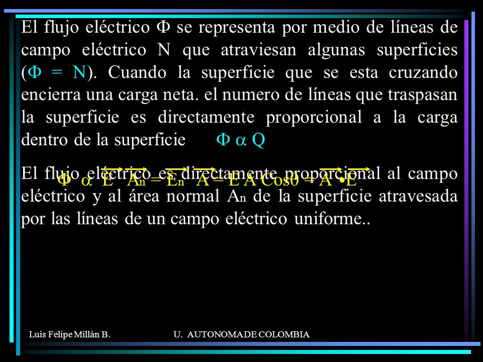 El flujo eléctrico F se representa por medio de líneas de campo eléctrico N que atraviesan algunas superficies (F = N). Cuando la superficie que se esta cruzando encierra una carga neta. el numero de líneas que traspasan la superficie es directamente proporcional a la carga dentro de la superficie F a Q