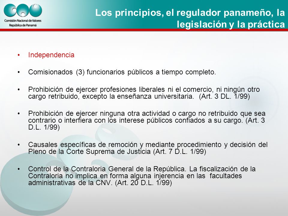 Los principios, el regulador panameño, la legislación y la práctica