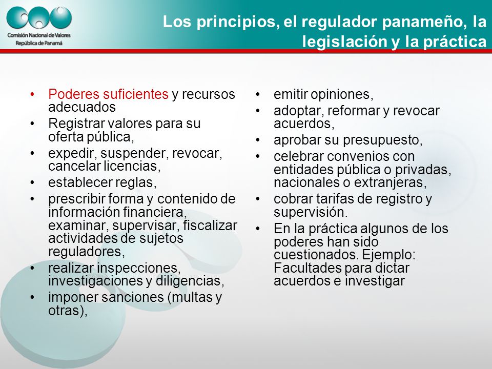 Los principios, el regulador panameño, la legislación y la práctica