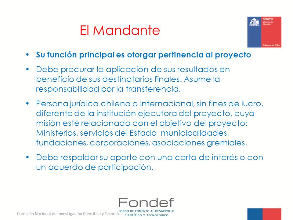 El Mandante Su función principal es otorgar pertinencia al proyecto