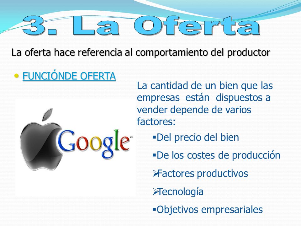 3. La Oferta La oferta hace referencia al comportamiento del productor