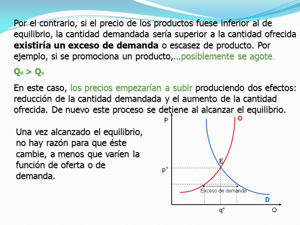 Por el contrario, si el precio de los productos fuese inferior al de equilibrio, la cantidad demandada sería superior a la cantidad ofrecida y existiría un exceso de demanda o escasez de producto. Por ejemplo, si se promociona un producto,…posiblemente se agote.
