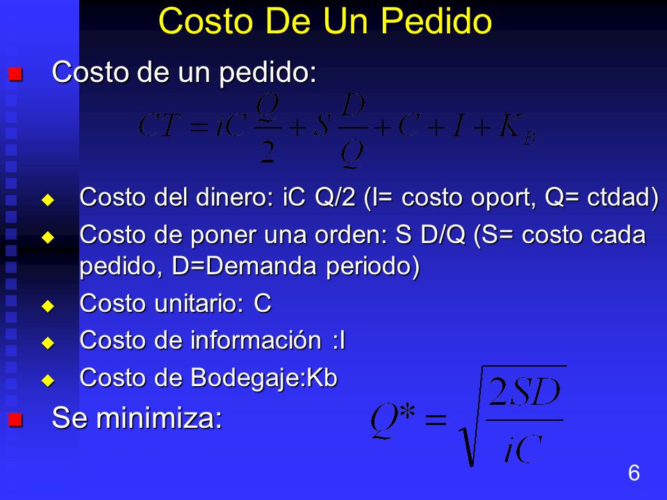 Costo De Un Pedido Costo de un pedido: Se minimiza: