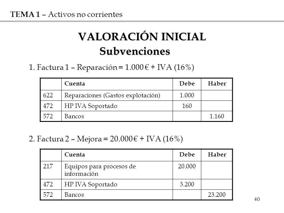 VALORACIÓN INICIAL Subvenciones TEMA 1 – Activos no corrientes
