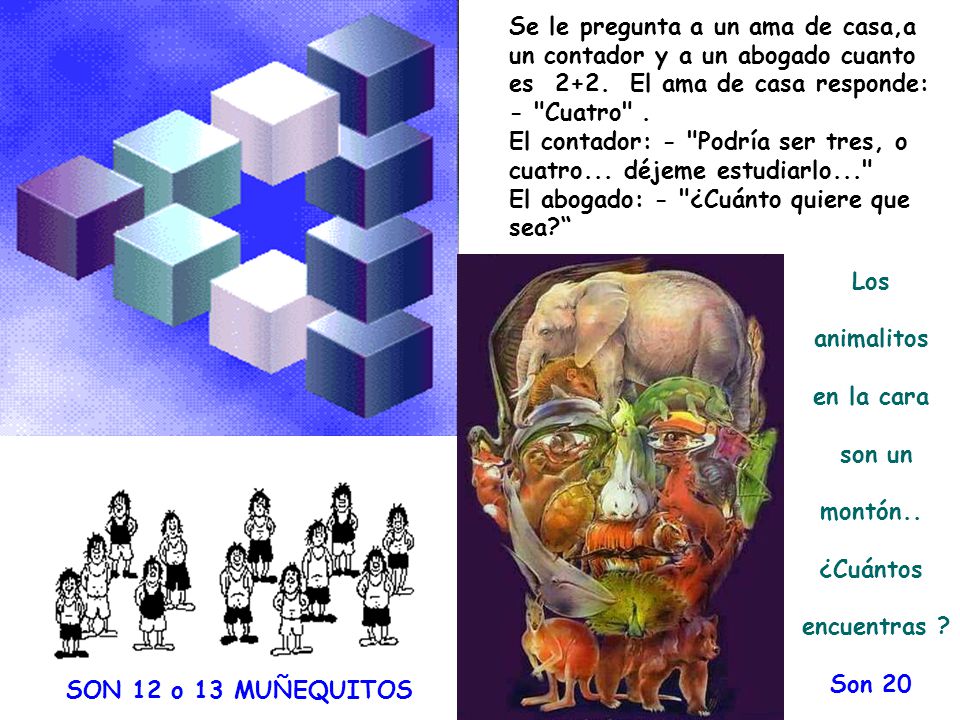 Se le pregunta a un ama de casa,a un contador y a un abogado cuanto es 2+2. El ama de casa responde: - Cuatro . El contador: - Podría ser tres, o cuatro... déjeme estudiarlo... El abogado: - ¿Cuánto quiere que sea