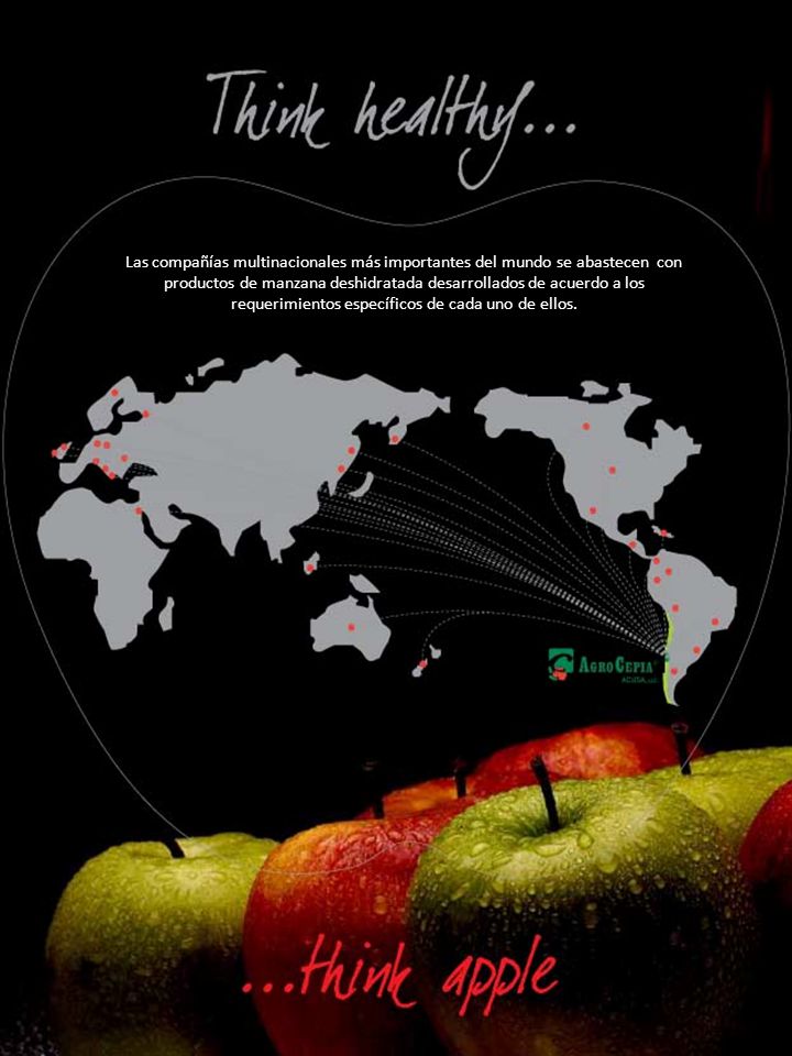 Las compañías multinacionales más importantes del mundo se abastecen con productos de manzana deshidratada desarrollados de acuerdo a los requerimientos específicos de cada uno de ellos.