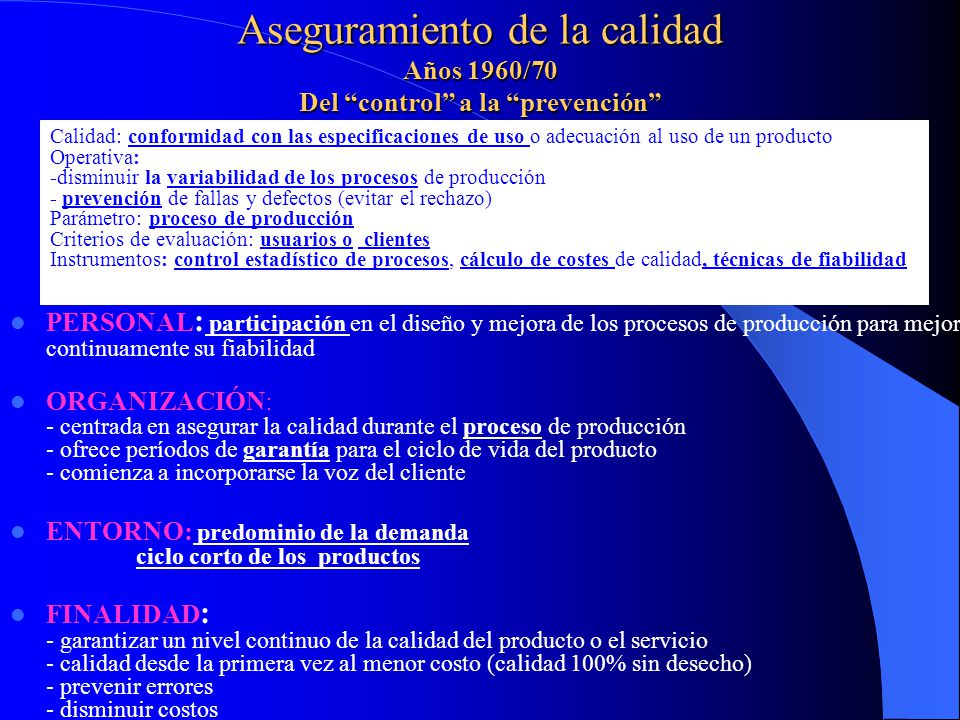Aseguramiento de la calidad Años 1960/70 Del control a la prevención