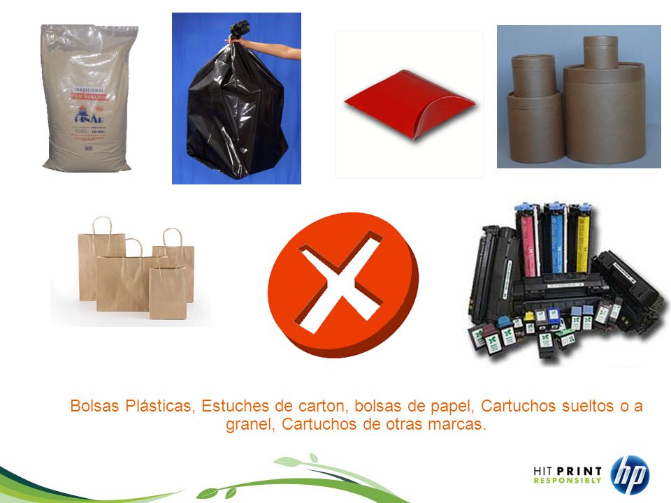 Bolsas Plásticas, Estuches de carton, bolsas de papel, Cartuchos sueltos o a granel, Cartuchos de otras marcas.