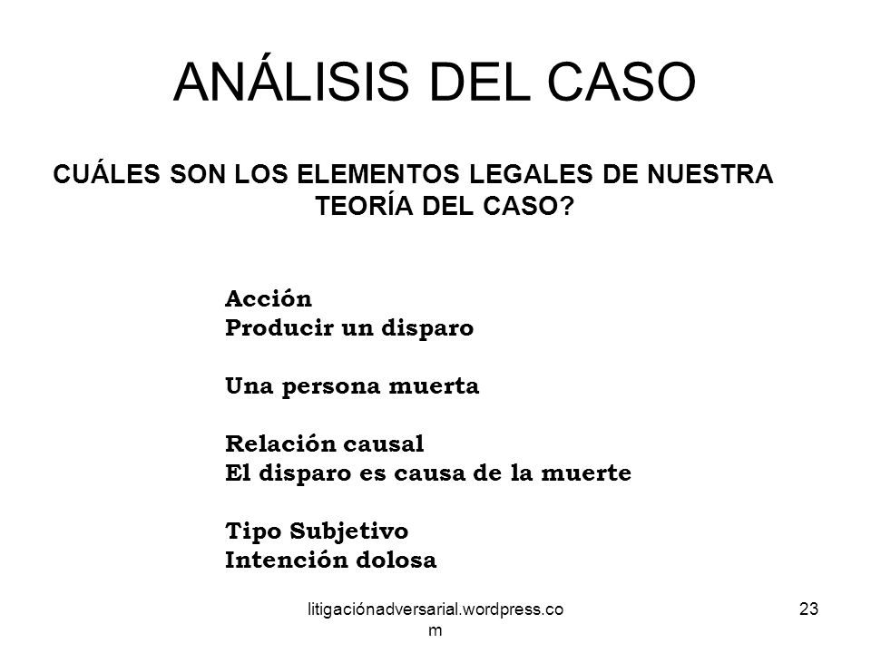 ANÁLISIS DEL CASO CUÁLES SON LOS ELEMENTOS LEGALES DE NUESTRA TEORÍA DEL CASO Acción. Producir un disparo.