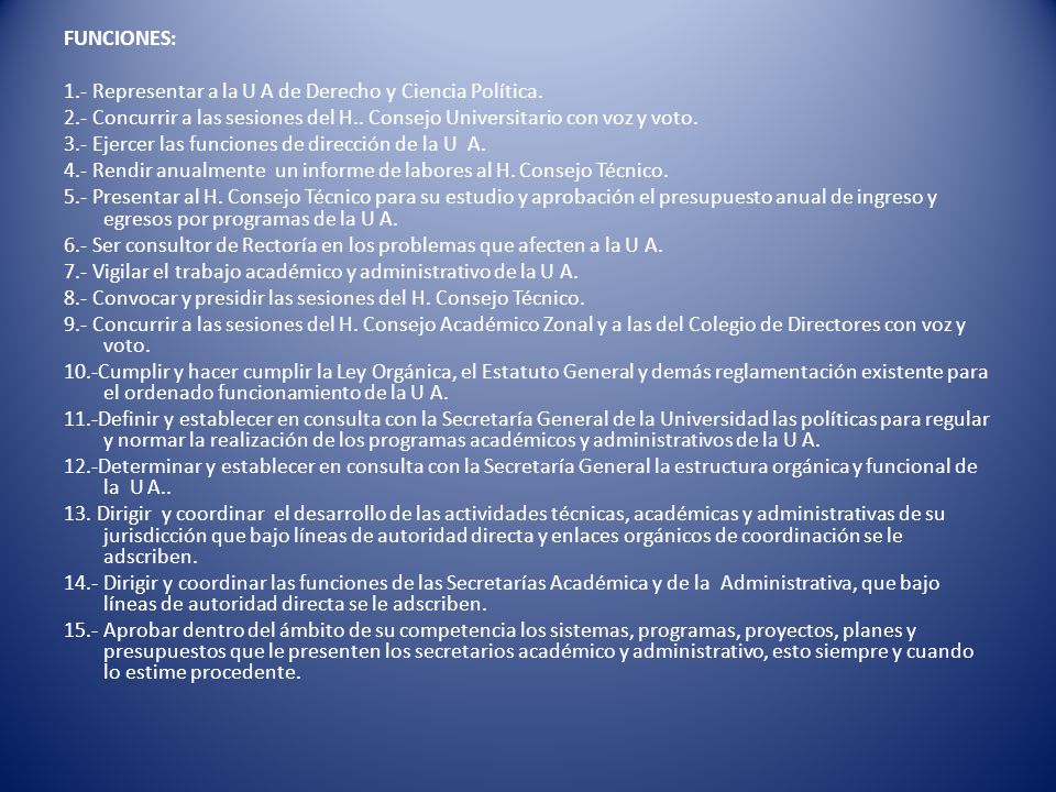 FUNCIONES: 1. - Representar a la U A de Derecho y Ciencia Política. 2