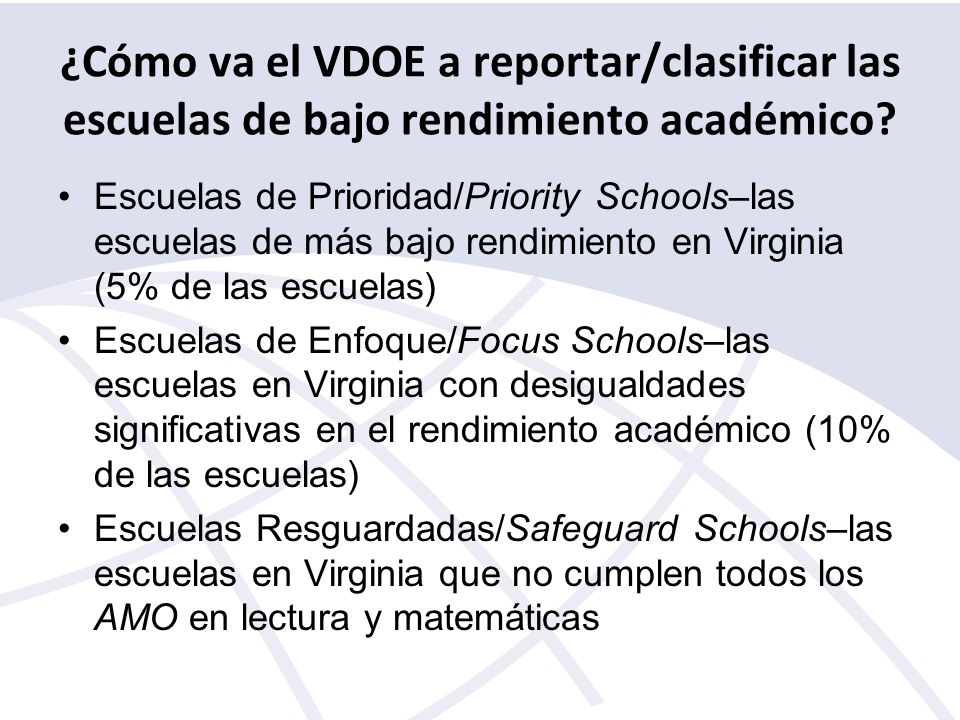 ¿Cómo va el VDOE a reportar/clasificar las escuelas de bajo rendimiento académico