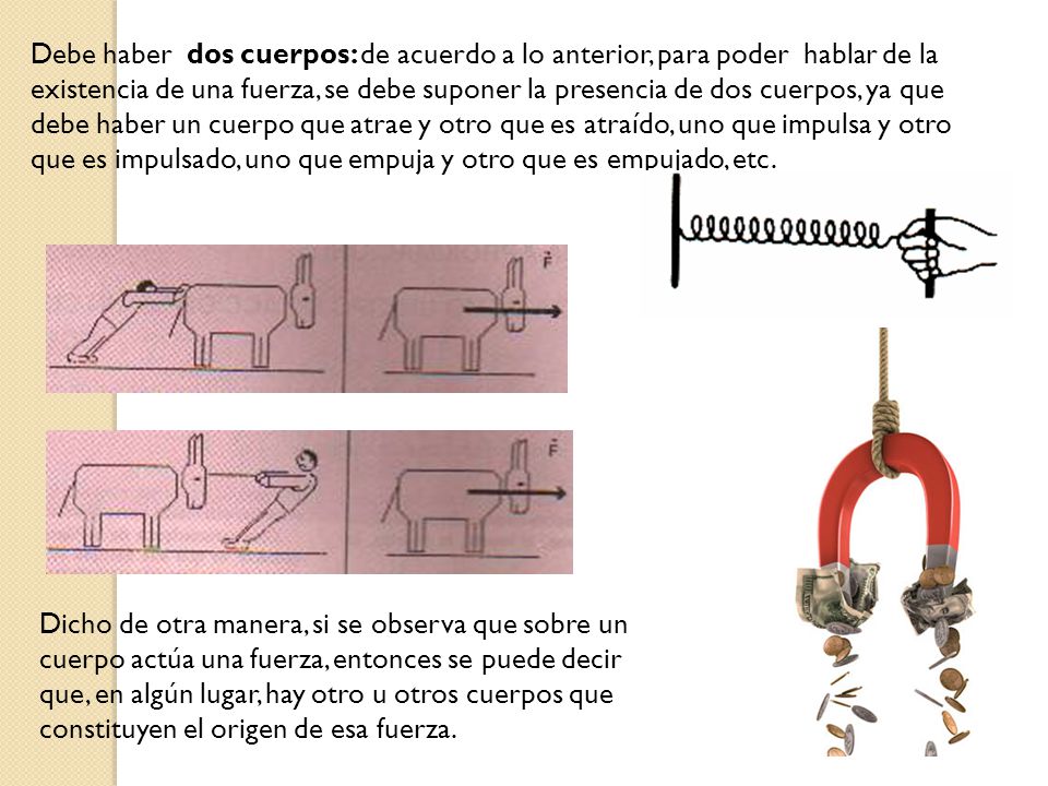 Debe haber dos cuerpos: de acuerdo a lo anterior, para poder hablar de la existencia de una fuerza, se debe suponer la presencia de dos cuerpos, ya que debe haber un cuerpo que atrae y otro que es atraído, uno que impulsa y otro que es impulsado, uno que empuja y otro que es empujado, etc.