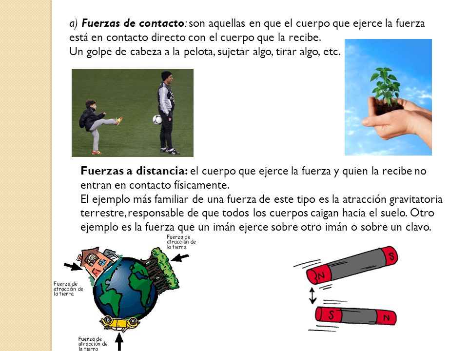 a) Fuerzas de contacto: son aquellas en que el cuerpo que ejerce la fuerza está en contacto directo con el cuerpo que la recibe.