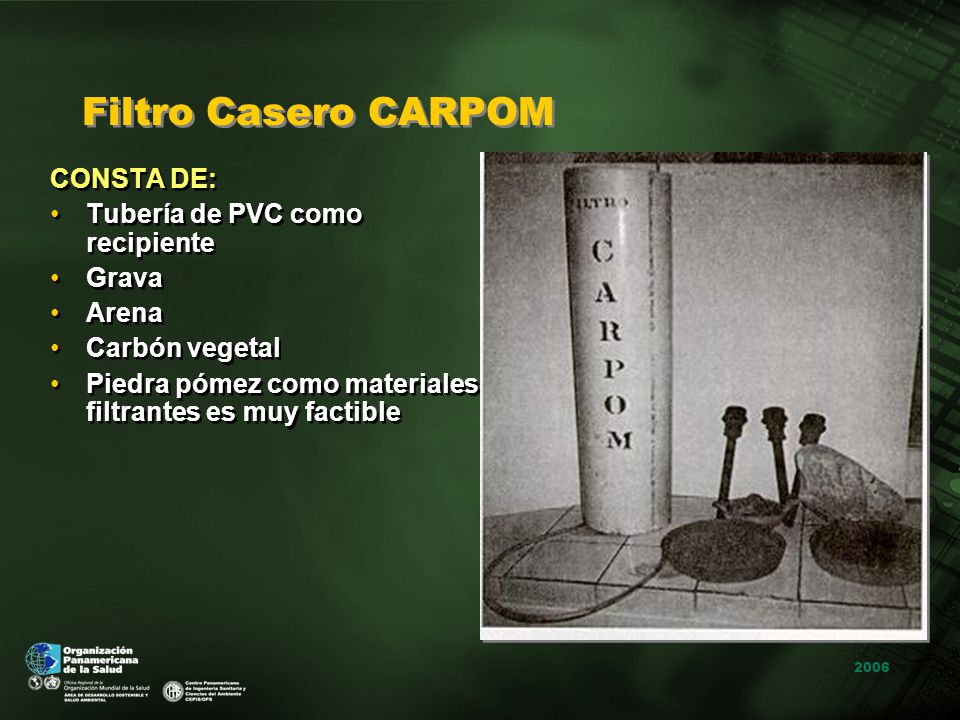 Filtro Casero CARPOM CONSTA DE: Tubería de PVC como recipiente Grava