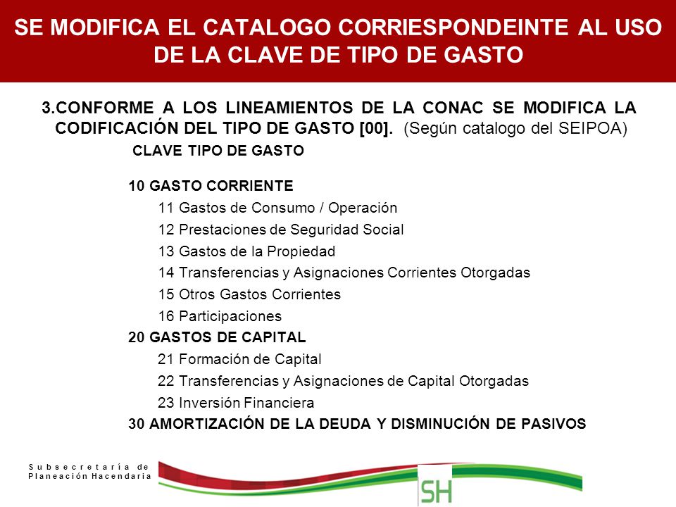 SE MODIFICA EL CATALOGO CORRIESPONDEINTE AL USO DE LA CLAVE DE TIPO DE GASTO
