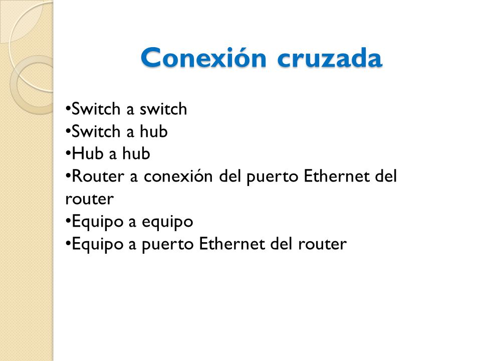 Conexión cruzada Switch a switch Switch a hub Hub a hub