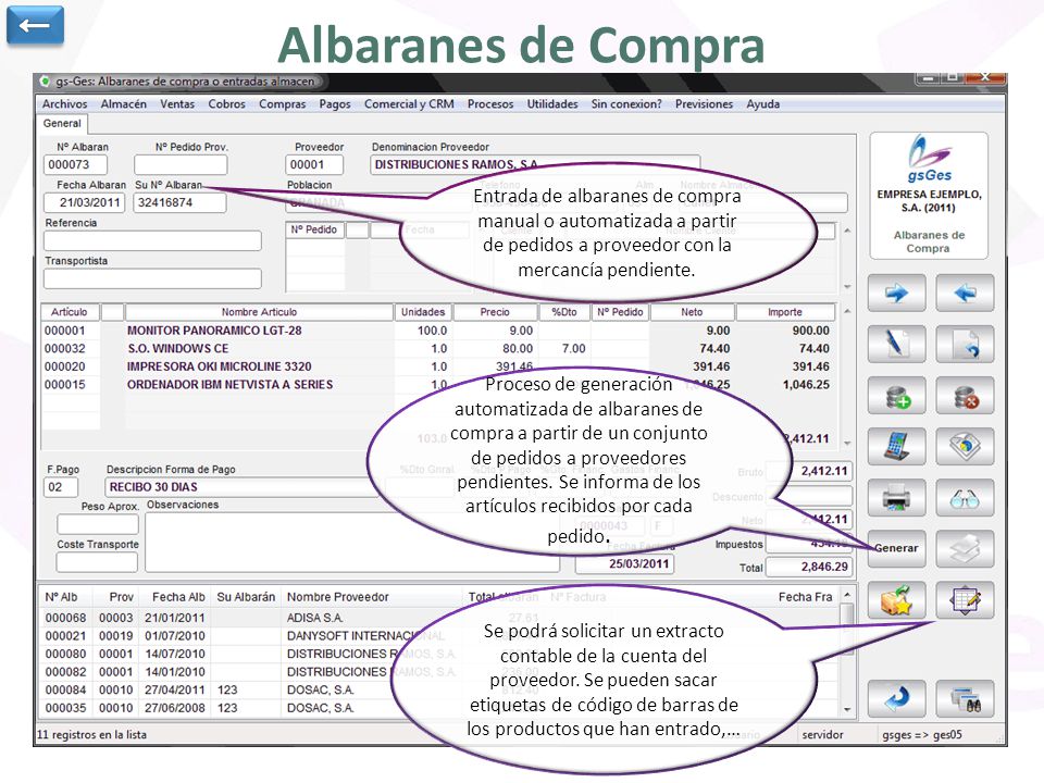 ← Albaranes de Compra. Entrada de albaranes de compra manual o automatizada a partir de pedidos a proveedor con la mercancía pendiente.
