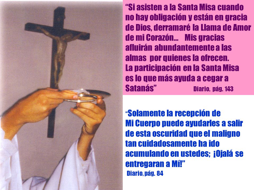Si asisten a la Santa Misa cuando no hay obligación y están en gracia de Dios, derramaré la Llama de Amor de mi Corazón… Mis gracias afluirán abundantemente a las almas por quienes la ofrecen. La participación en la Santa Misa es lo que más ayuda a cegar a Satanás Diario, pág. 143