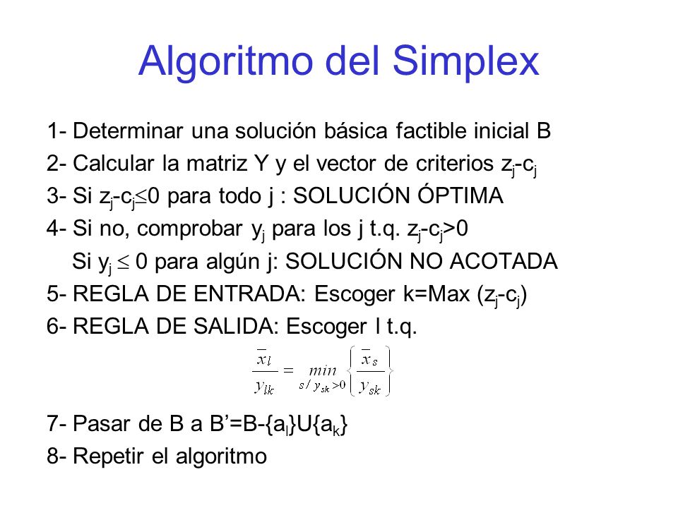 Algoritmo del Simplex 1- Determinar una solución básica factible inicial B. 2- Calcular la matriz Y y el vector de criterios zj-cj.