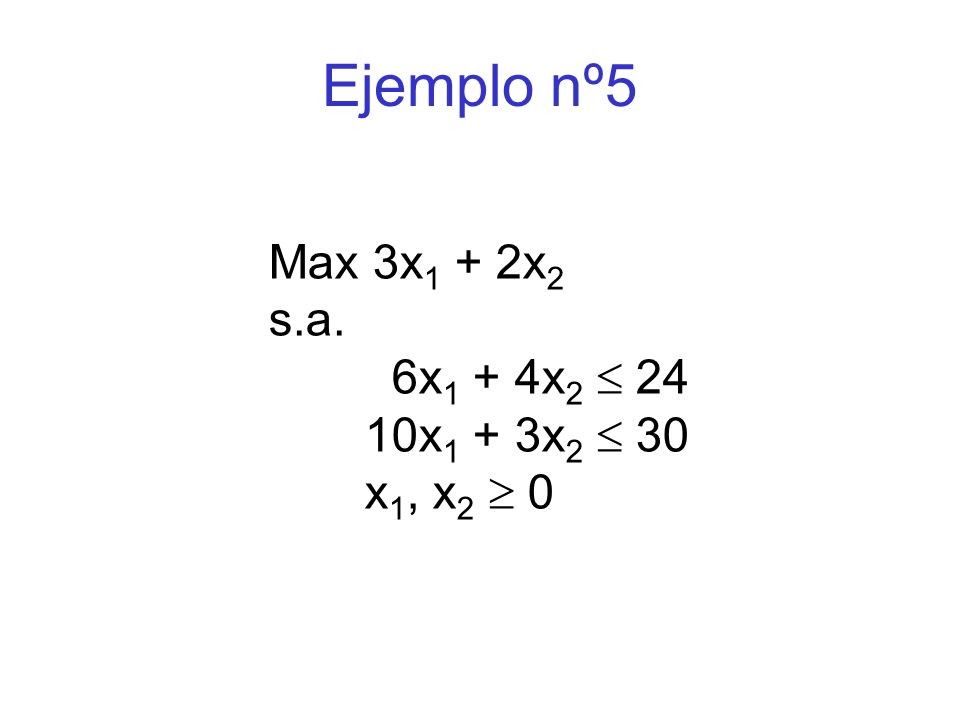 Ejemplo nº5 Max 3x1 + 2x2 s.a. 6x1 + 4x2  24 10x1 + 3x2  30