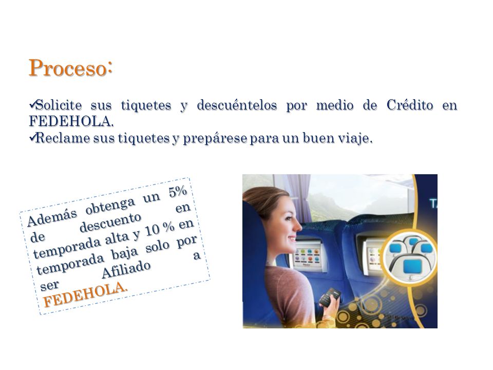 Proceso: Solicite sus tiquetes y descuéntelos por medio de Crédito en FEDEHOLA. Reclame sus tiquetes y prepárese para un buen viaje.