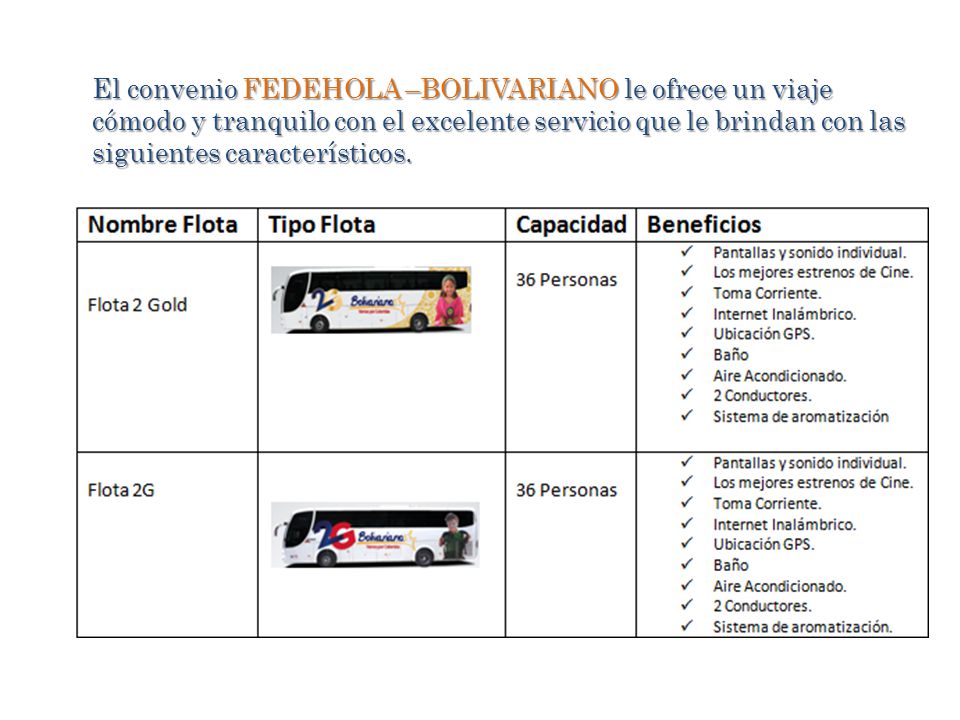 El convenio FEDEHOLA –BOLIVARIANO le ofrece un viaje cómodo y tranquilo con el excelente servicio que le brindan con las siguientes característicos.