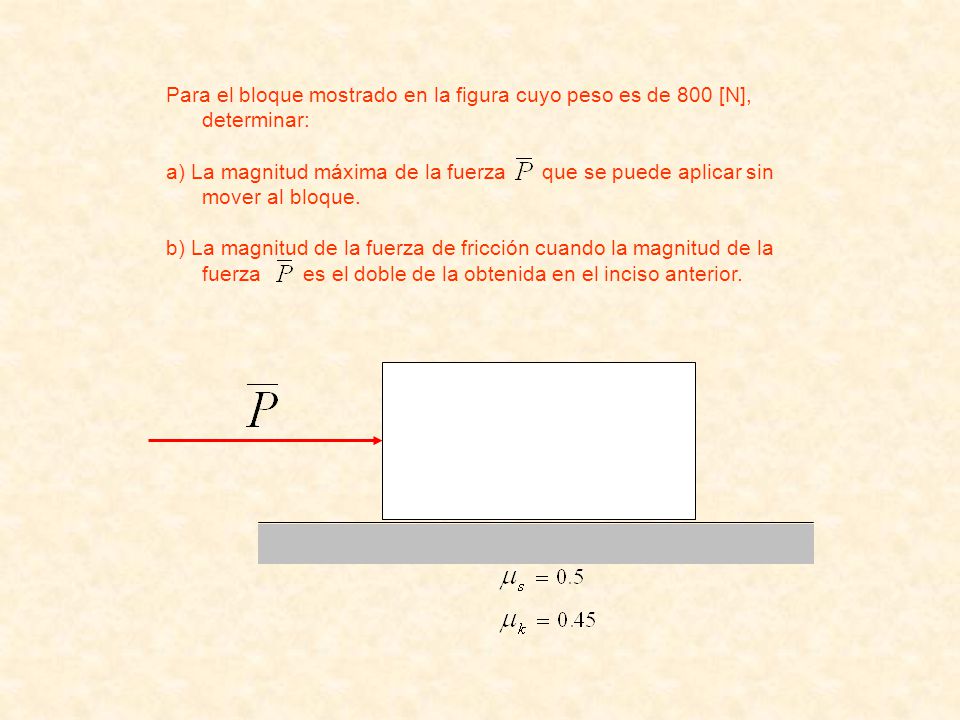 Para el bloque mostrado en la figura cuyo peso es de 800 [N], determinar: